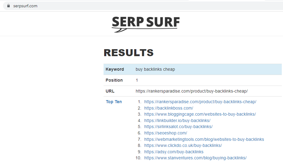 Image shows SERP SURF buy backlinks cheap Rankers Kiosk top Google ranking results