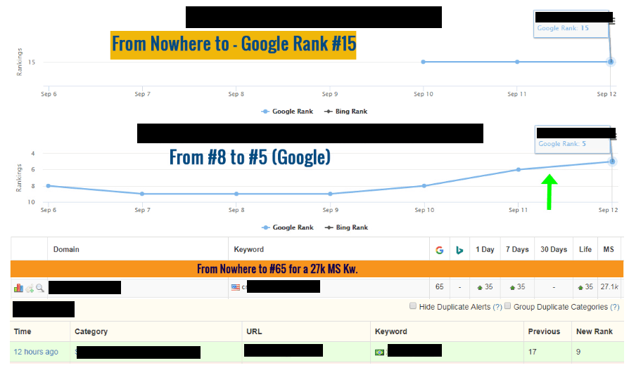Screen shots of proven keyword ranking results by Rankers Kiosk SEO service