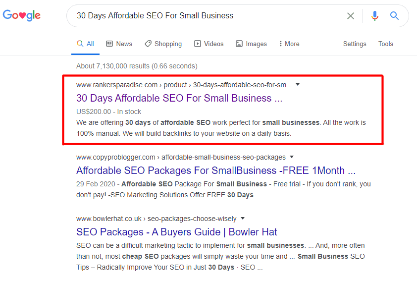 Top Google ranking for our target keyword