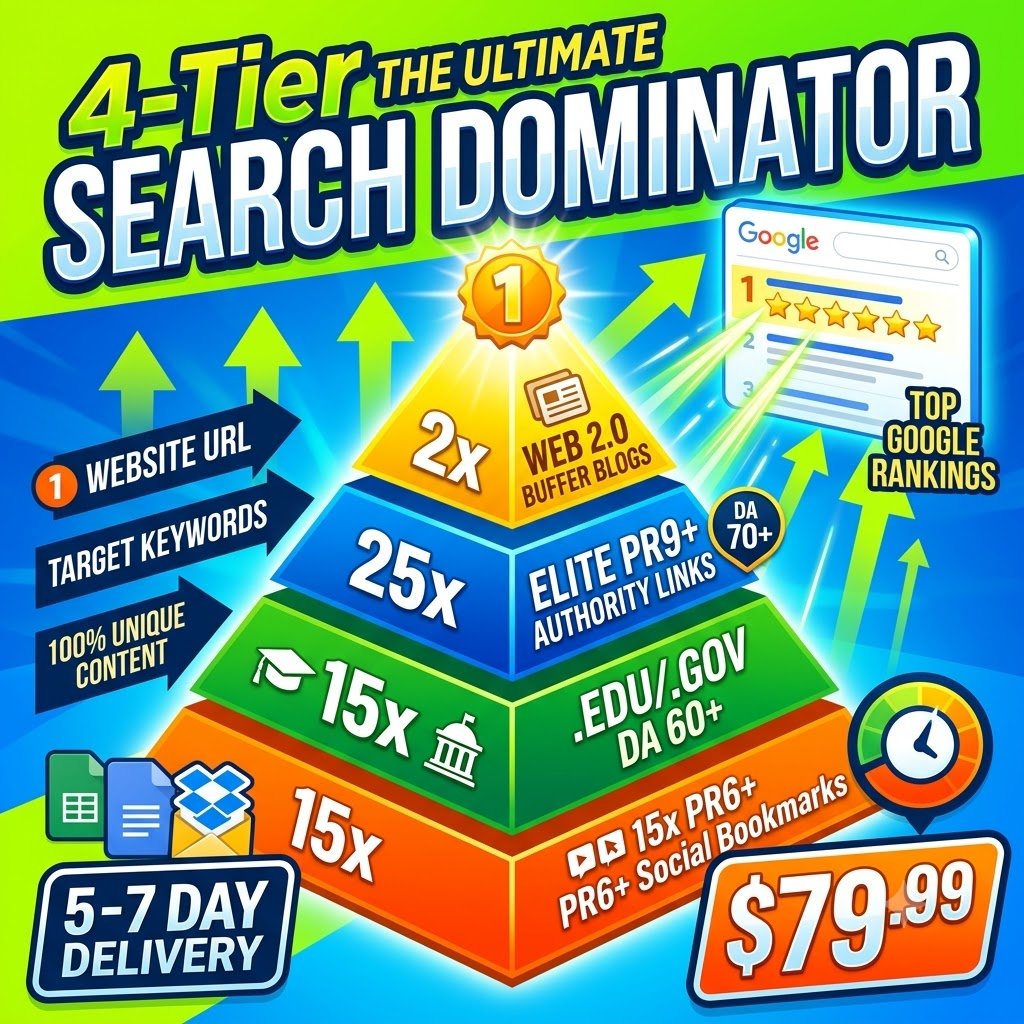 The image shows the SEO service for 4-Tier backlinks with Rankers Kiosk