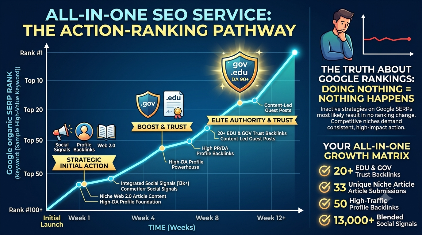 SEO case study chart showing Google organic SERP ranking improvements after applying social signals, article submissions, profile backlinks, and EDU GOV trust links.