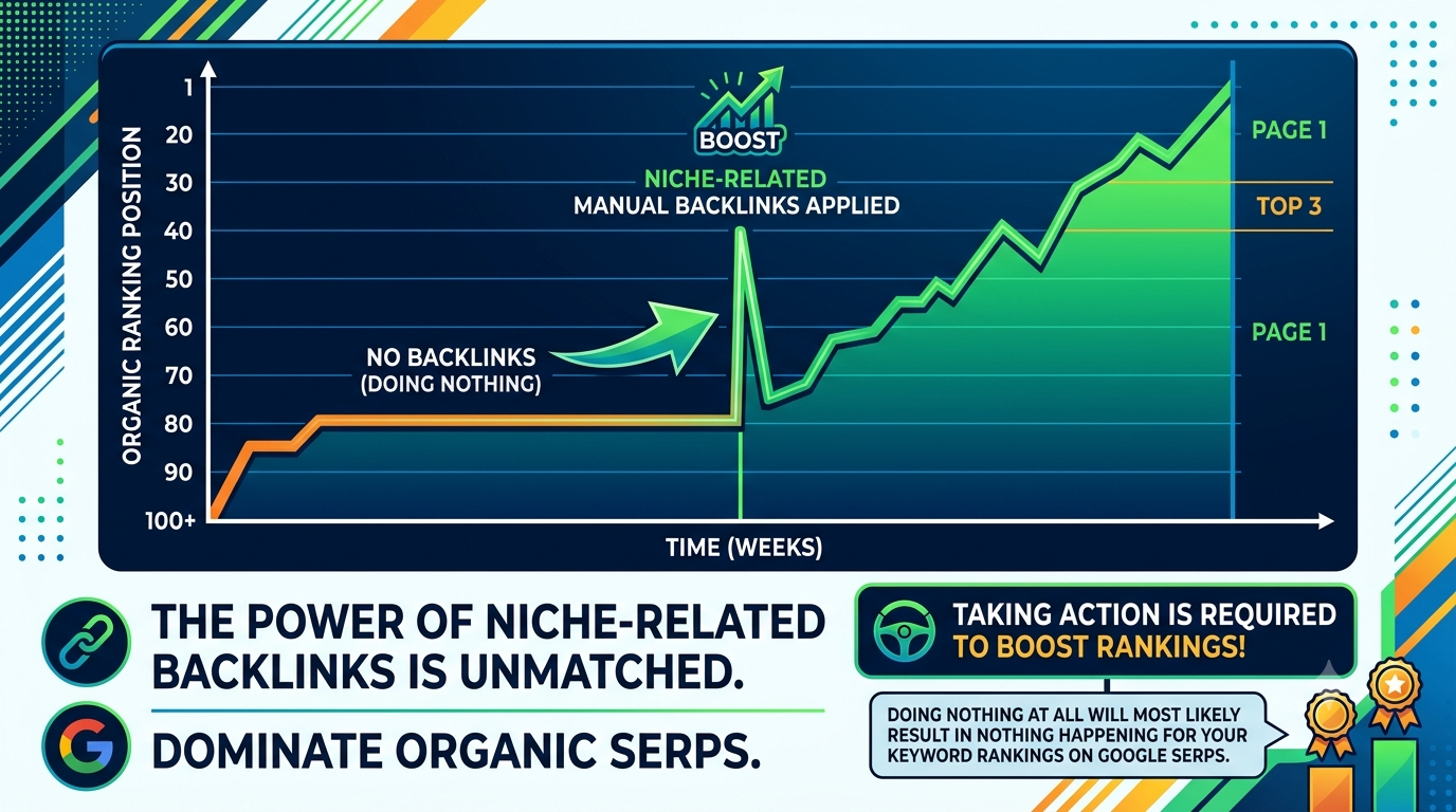 Google search keyword ranking graph showing organic SERP improvement after manual niche-related backlinks