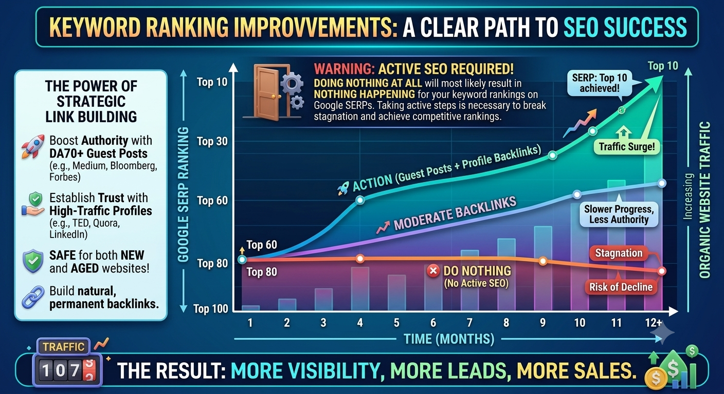 SEO infographic graph showing Google SERP keyword ranking improvements over time with authority guest posts and profile backlinks versus doing nothing