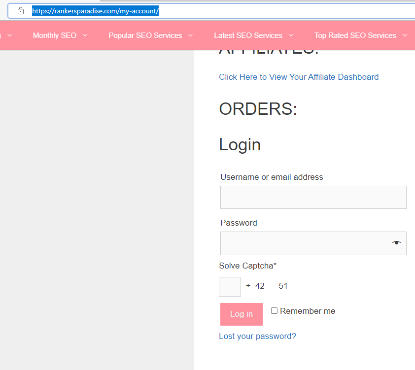 image shows login section for Rankers Kiosk monthly SEO dashboard