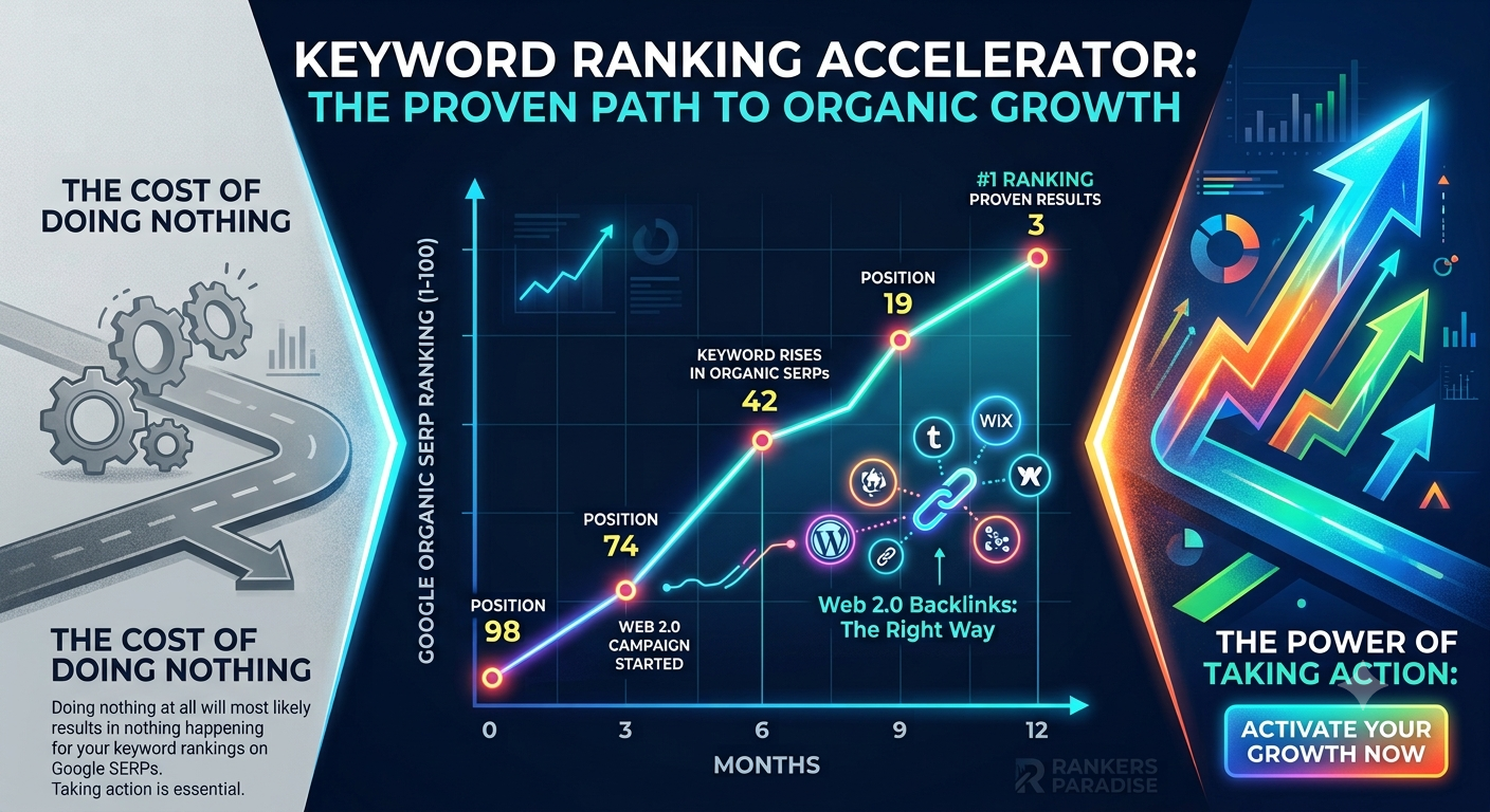 Google organic SERP ranking graph showing keyword improvement from position 98 to position 3 after 12 months using manual Web 2.0 backlinks. Proven case study results versus the cost of doing nothing.